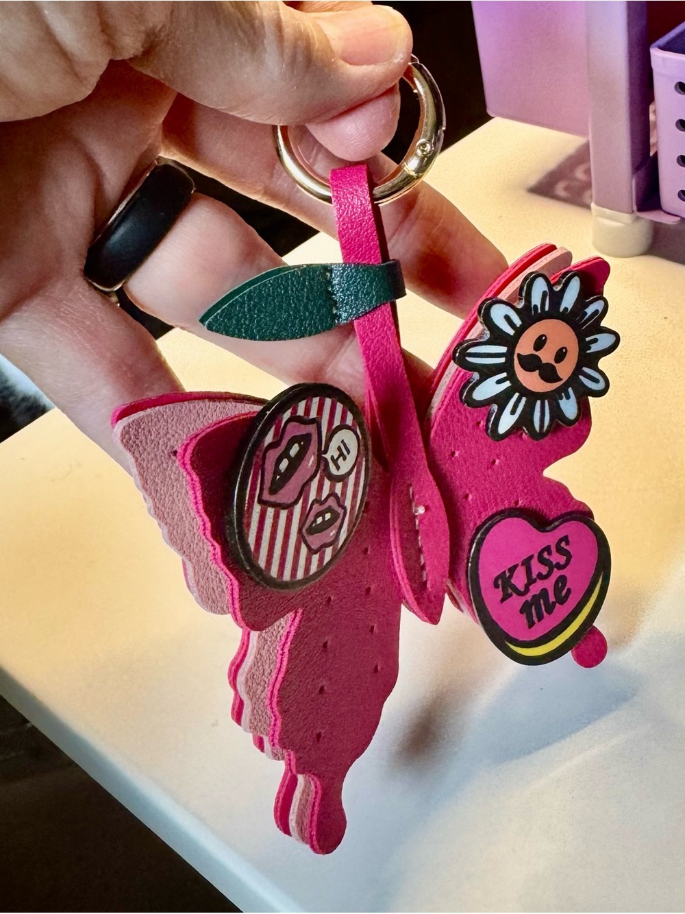 Pink Butterfly Key & Card Holder Charm - Playful 'Kiss Me' Accent